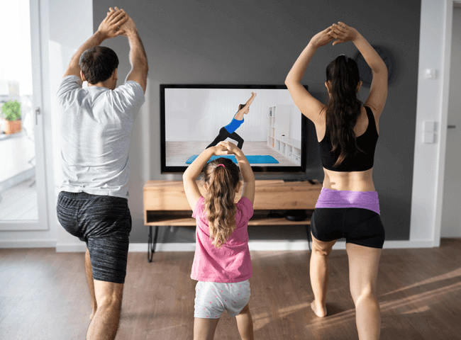 Fit Family Doing Home Online Stretching Yoga Fitness Exercise