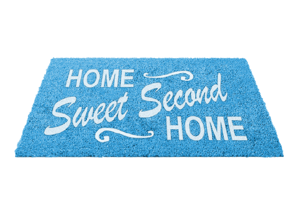 Blue doormat with the writing home sweet second home printed on it