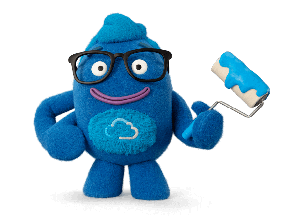 Clarence smiling holding a paint roller with blue paint dripping from it