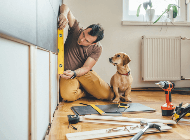 Man doing renovation work at home together with his small golden dog